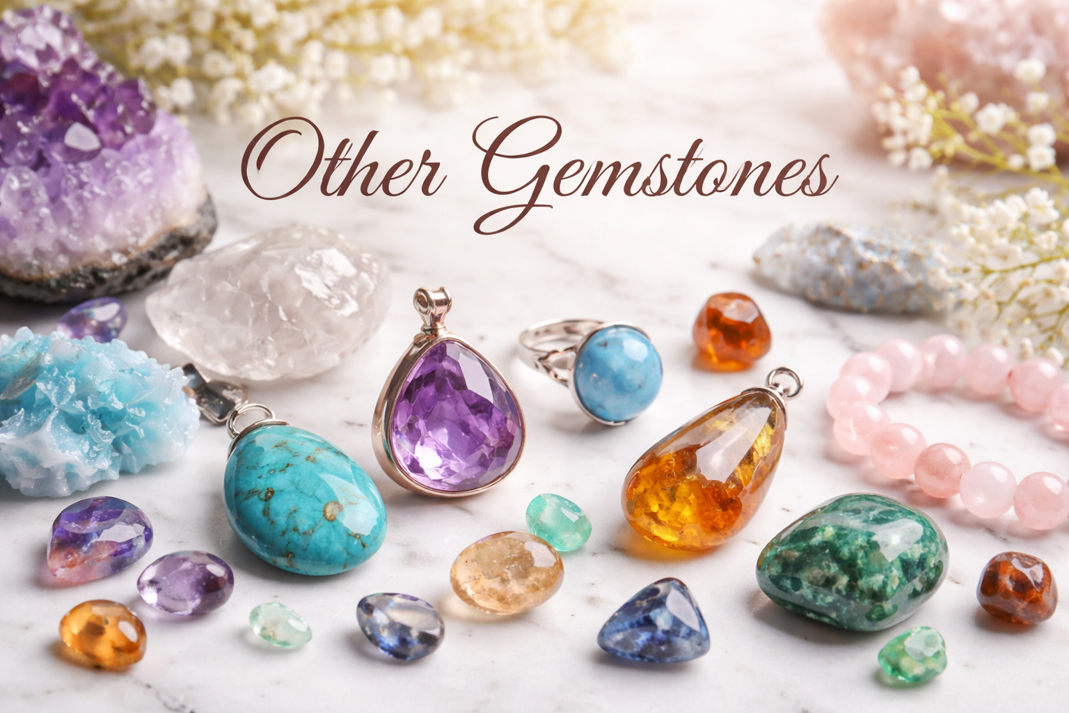 Other gemstones jewelry collection featuring turquoise, amethyst, amber, rose quartz, and mixed natural gemstones on a marble background