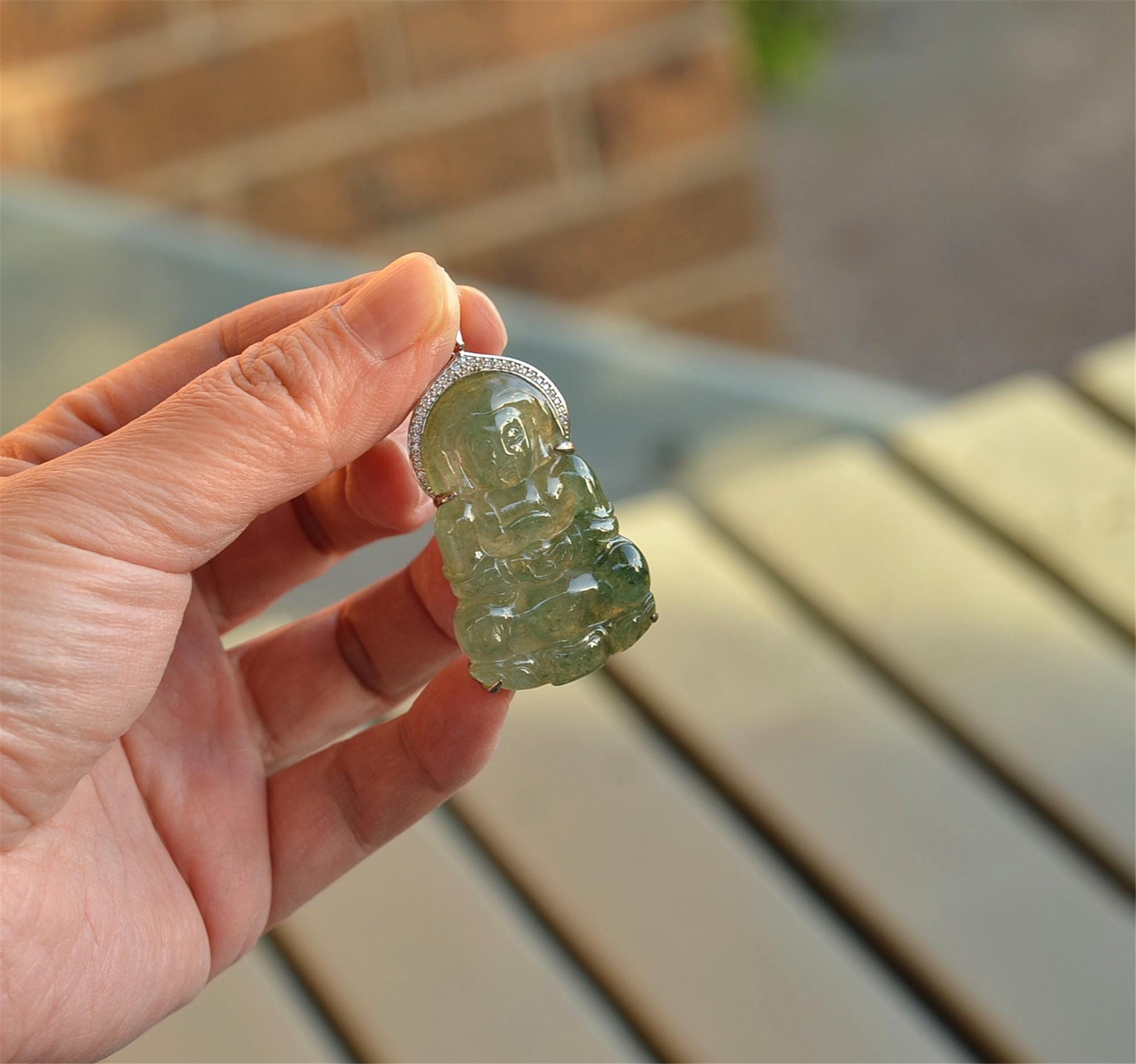 Green Hand-carved Jadeite Buddha of Mercy Amulet Pendant silver JPT00000009 - Image 4