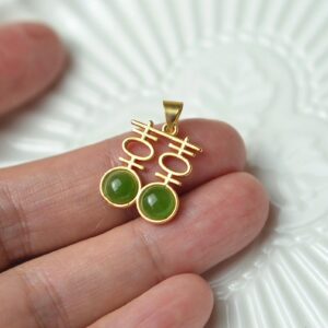Red Double Happiness Natural Green Nephrite Jade Pendant  Silver Necklace JPT00000065