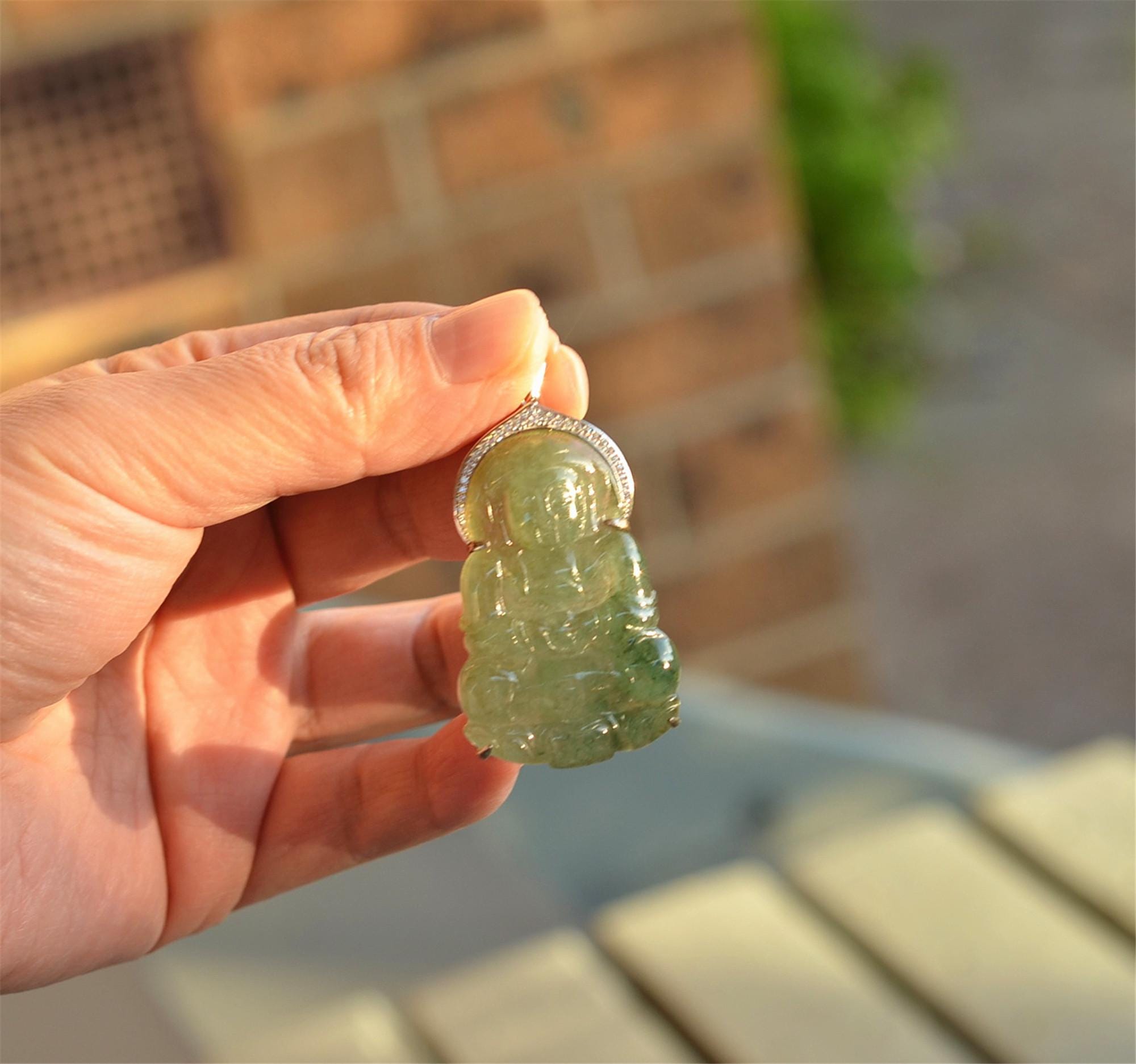 Green Hand-carved Jadeite Buddha of Mercy Amulet Pendant silver JPT00000009 - Image 3