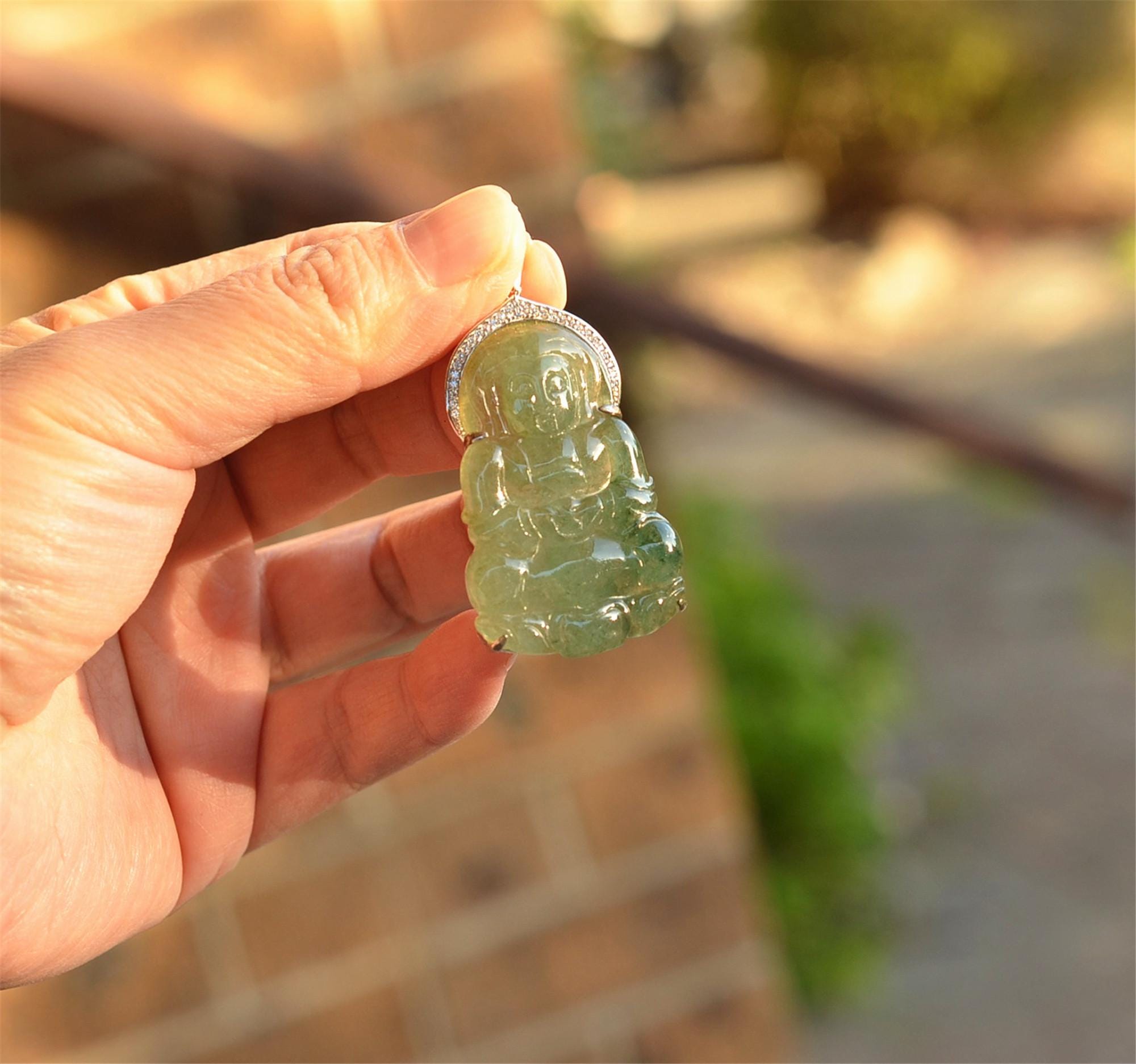 Green Hand-carved Jadeite Buddha of Mercy Amulet Pendant silver JPT00000009 - Image 2