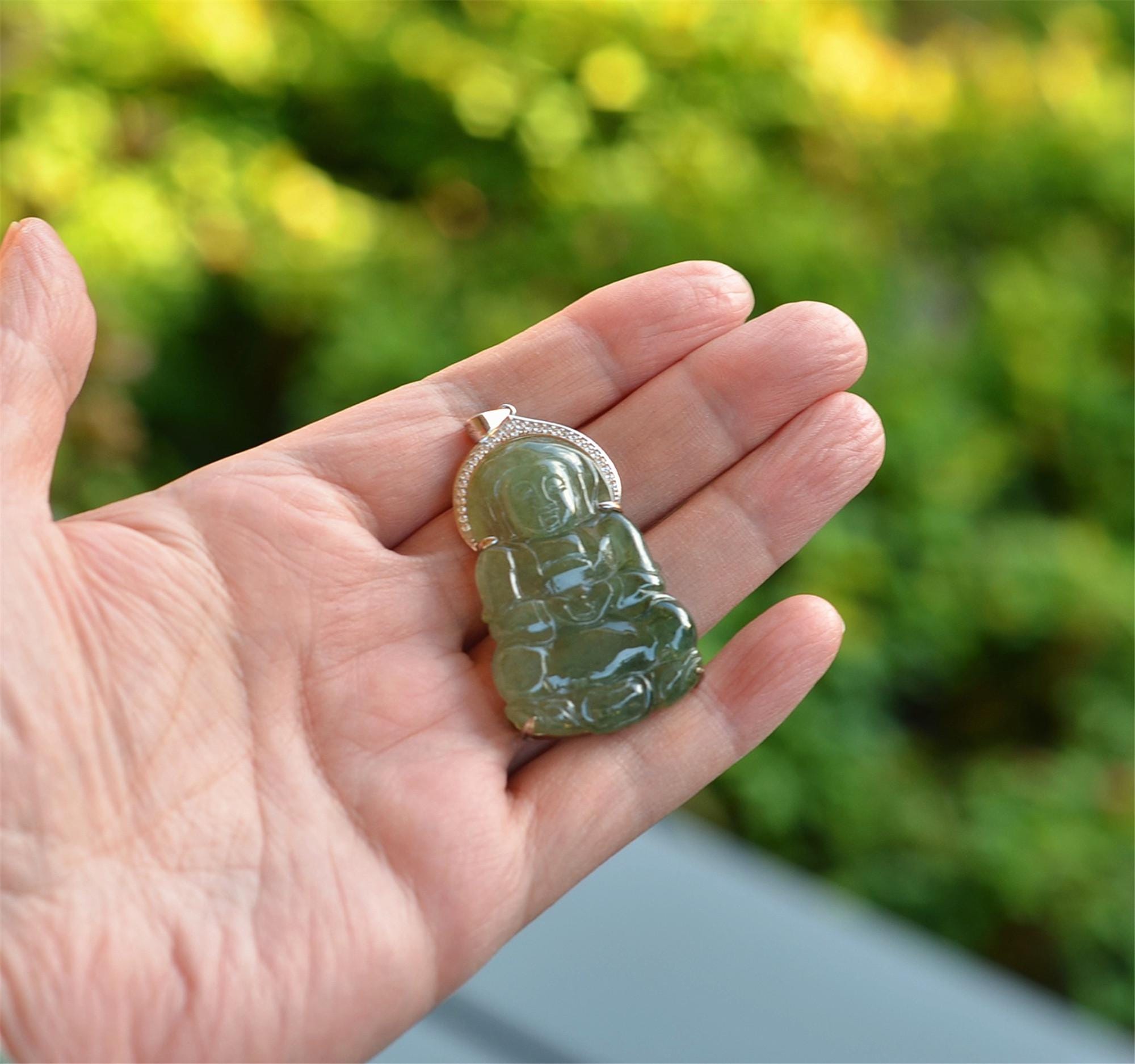 Green Hand-carved Jadeite Buddha of Mercy Amulet Pendant silver JPT00000009 - Image 6
