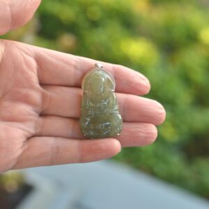 Green Hand-carved Jadeite Buddha of Mercy Amulet Pendant silver JPT00000010