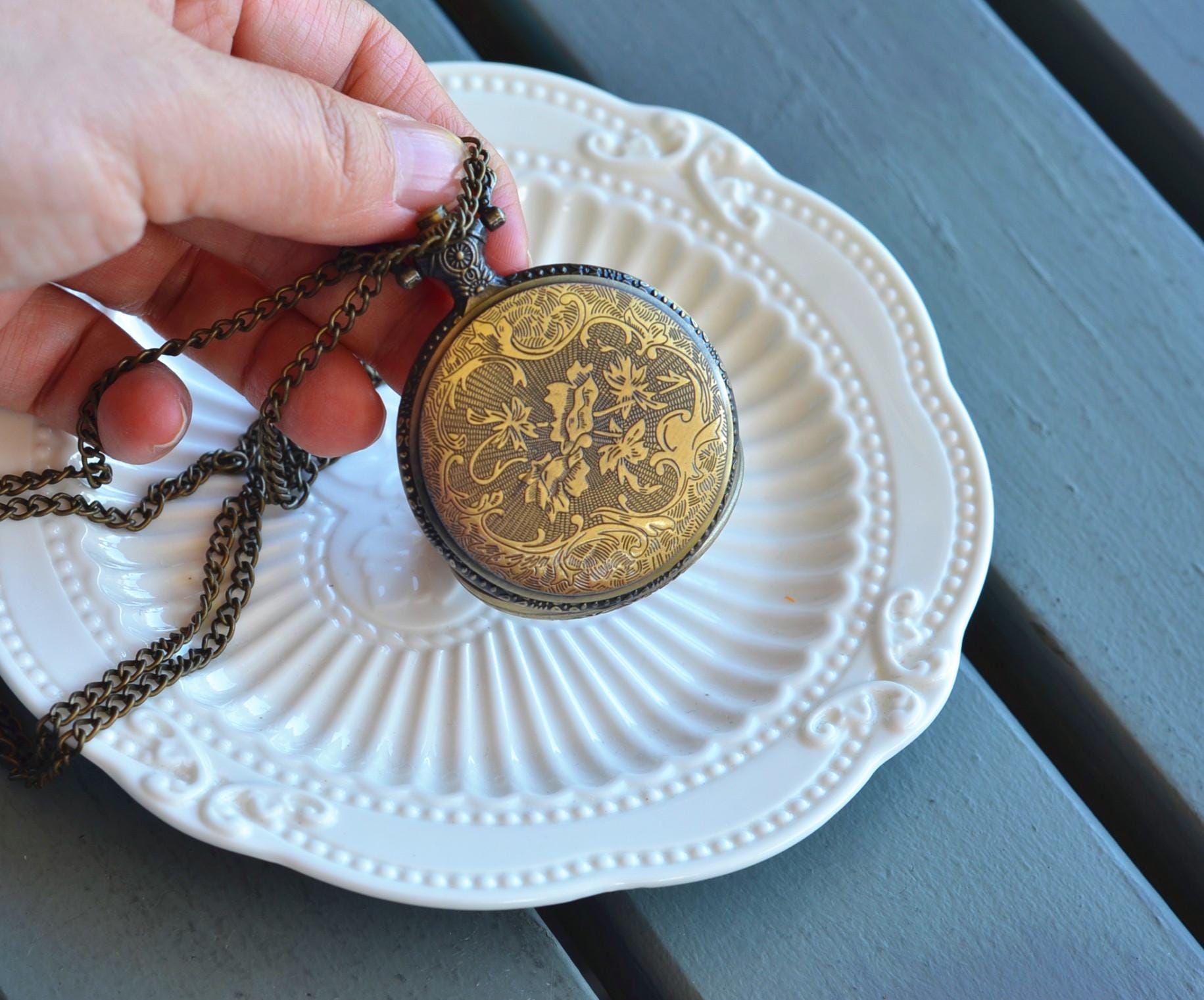Vintage Style Copper Pocket Watch with Natural Jade Lid JPT00000026 - Image 3