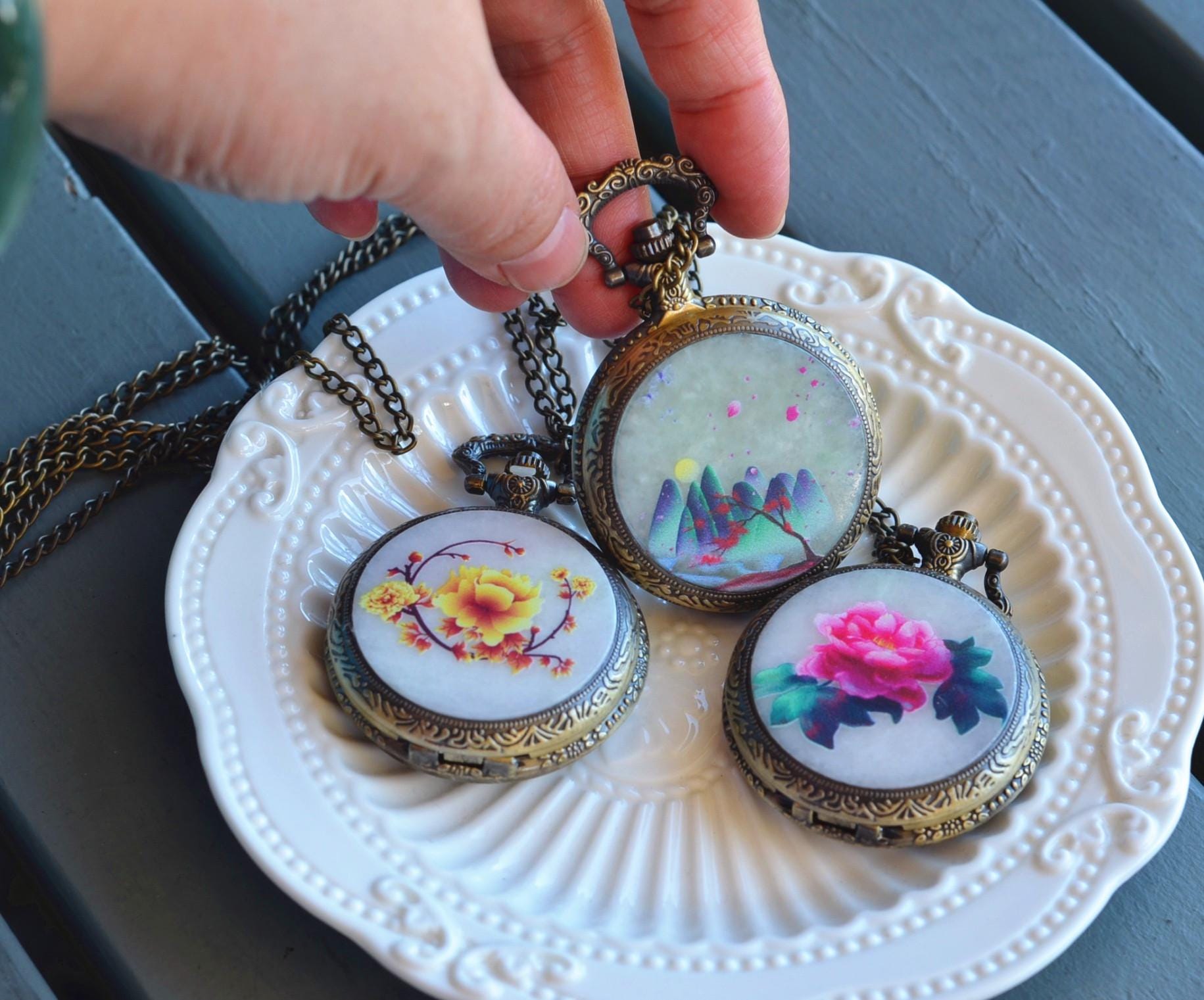 Vintage Style Copper Pocket Watch with Natural Jade Lid JPT00000026 - Image 6