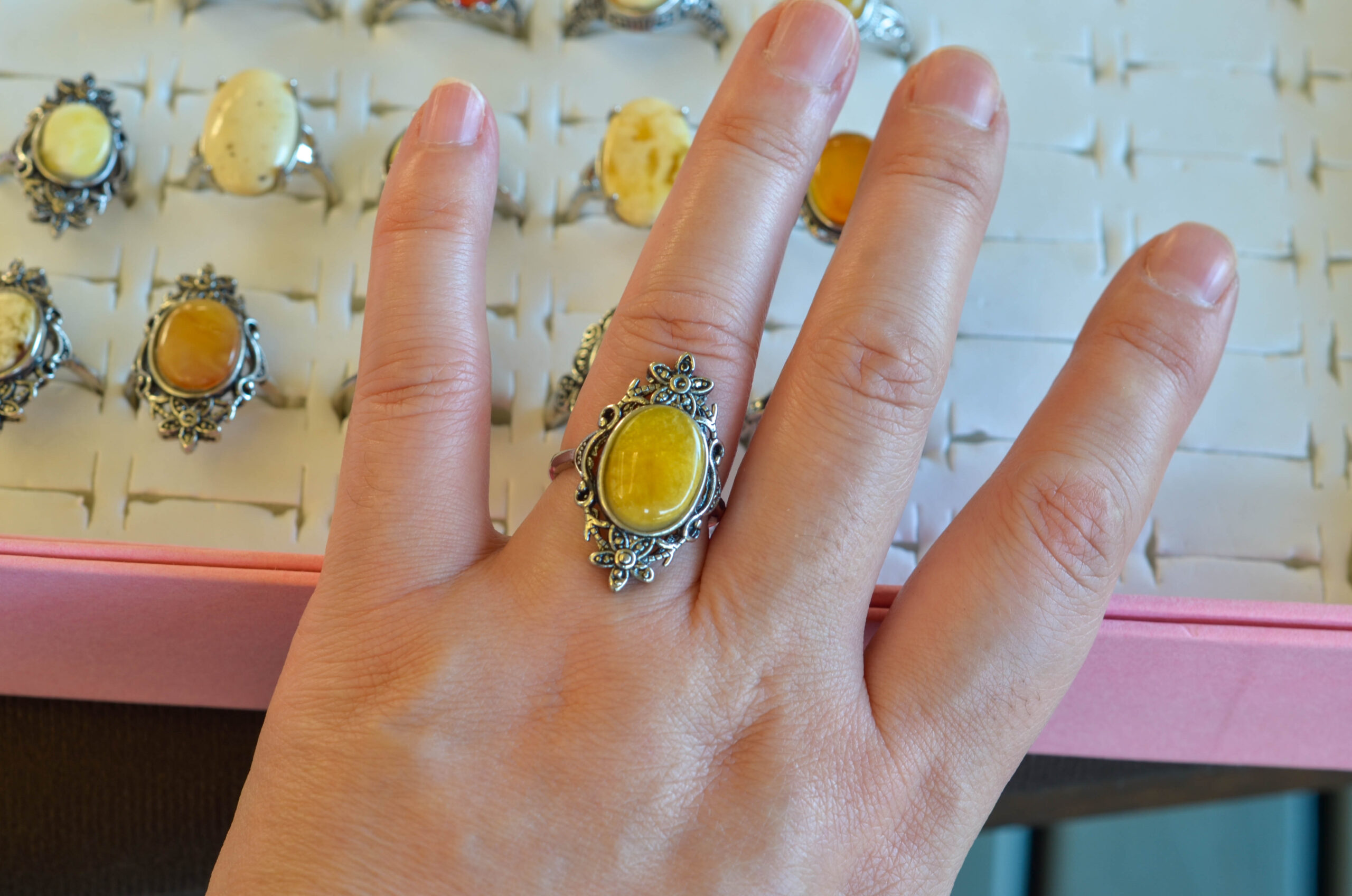 Natural amber ring with an open back, silver-plated vintage style AMBER011 - Image 4