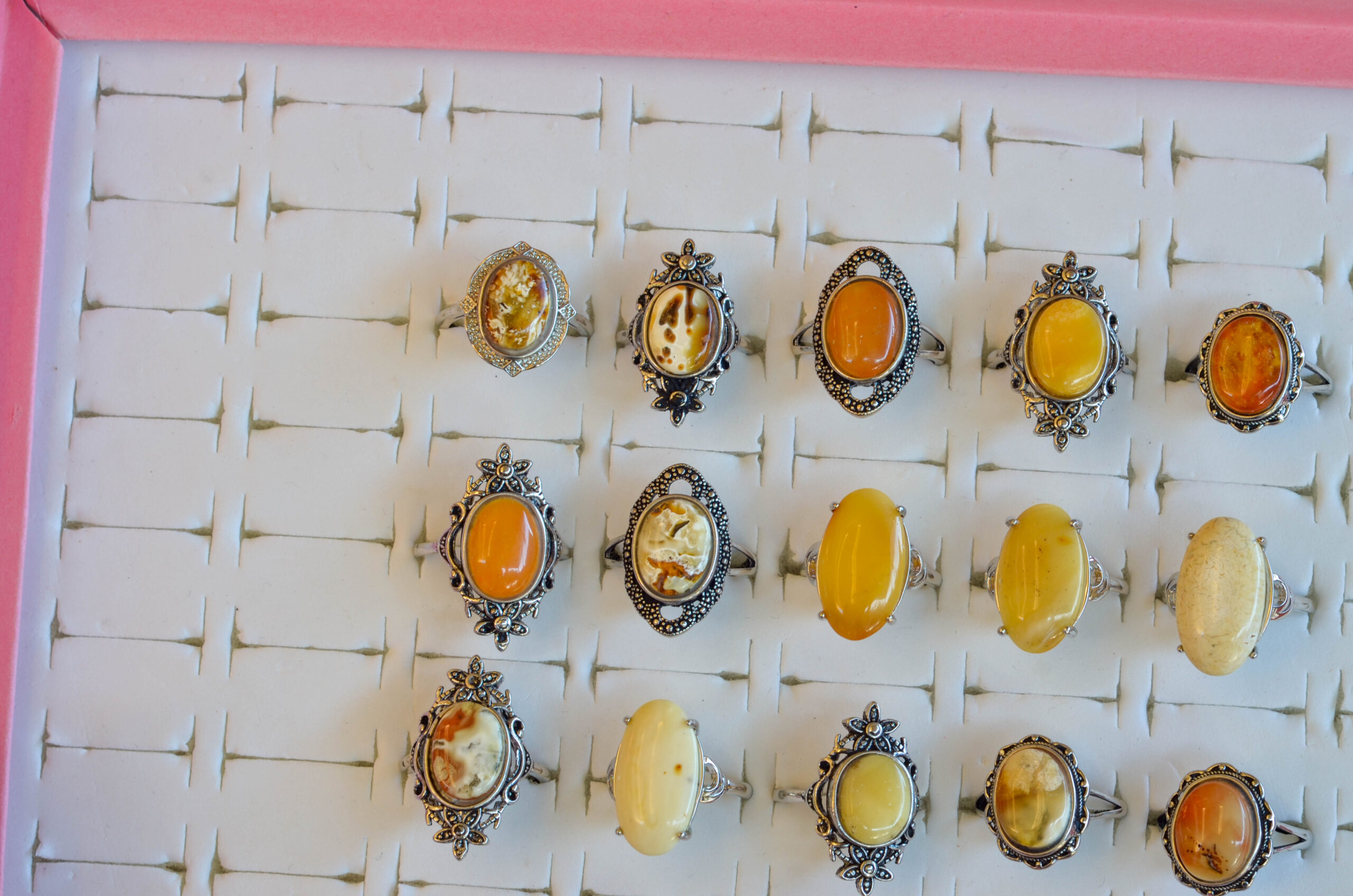 Natural amber ring with an open back, silver-plated vintage style