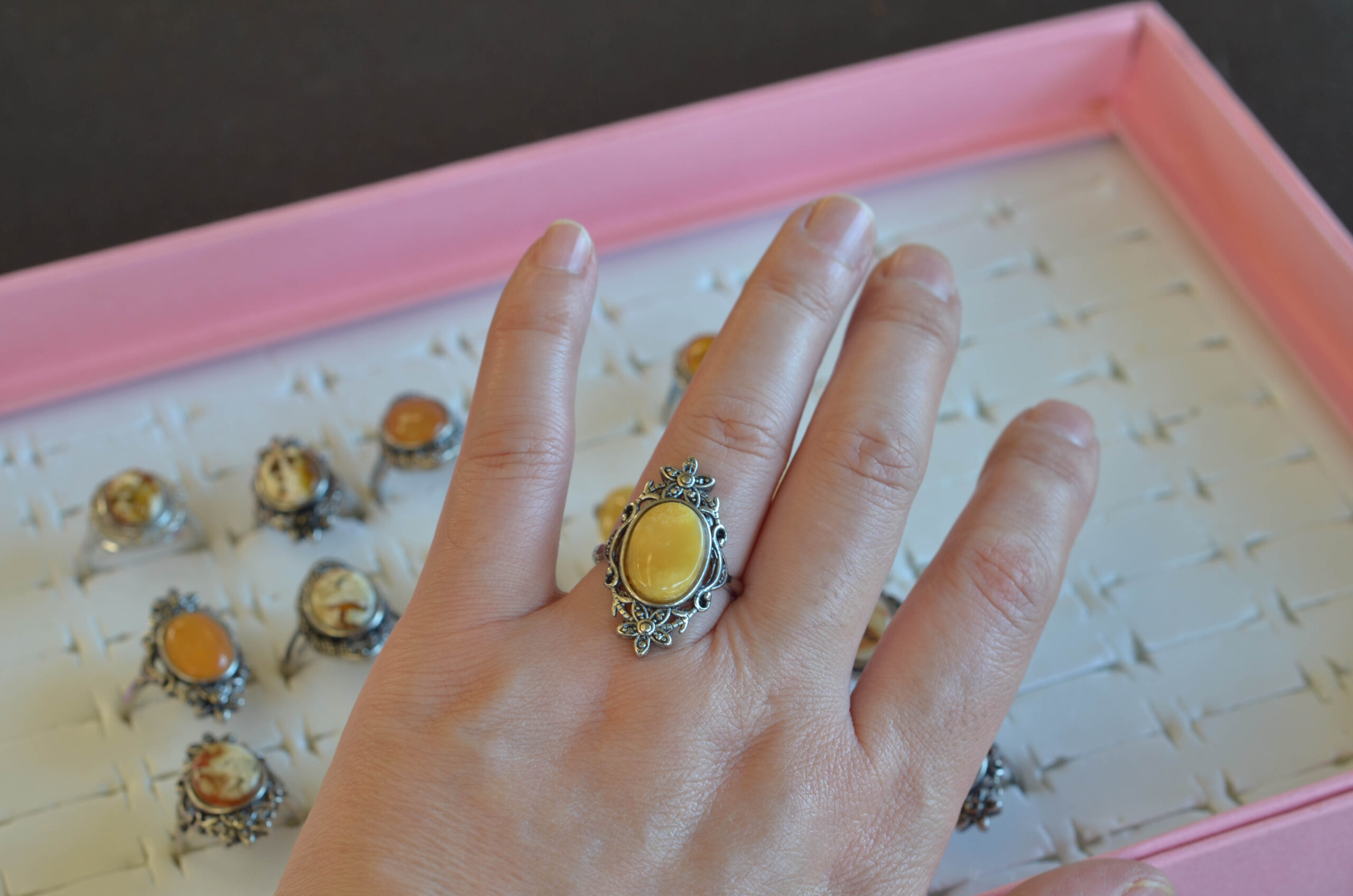 Natural amber ring with an open back, silver-plated vintage style AMBER010 - Image 7