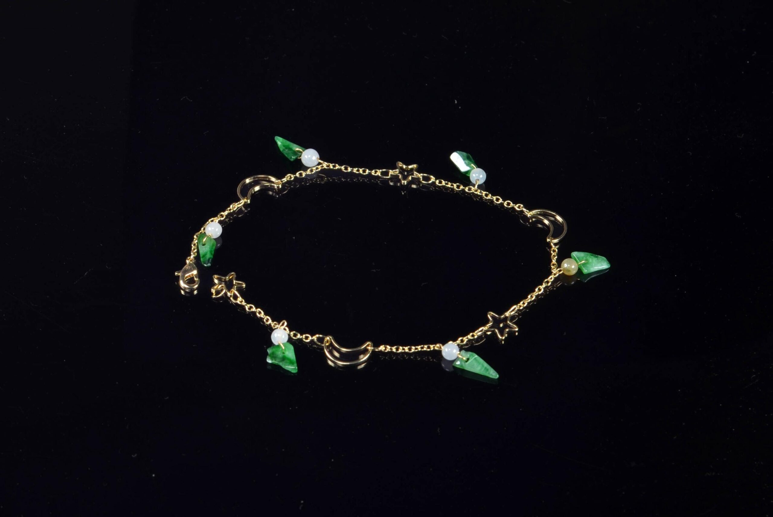 14K Gold Filled Anklet Bracelet with Natural Jade Charms, Adjustable 24cm, Gold Ankle Jewelry