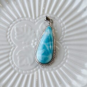 Natural Larimar Long Teardrop Pendant  S925 Sterling Silver Ocean Blue Gemstone Necklace