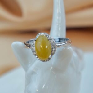 Natural Yellow Jadeite Jade Adjustable Ring, 925 Sterling Silver Halo Ring, Oval Yellow Jade Ring Zircon Accent Ring