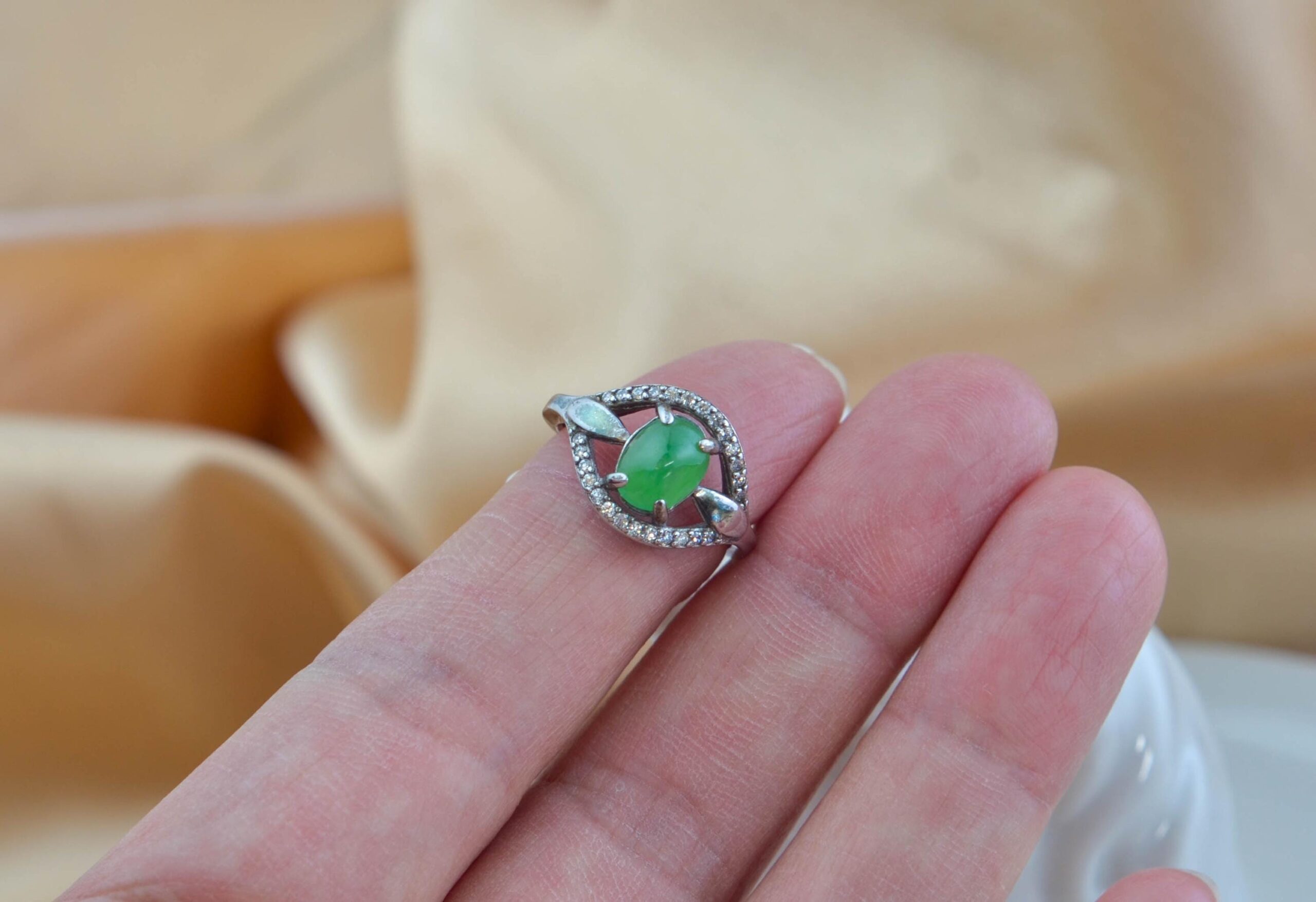 Natural Green Jadeite Marquise Ring, 925 Sterling Silver, Zircon Accents, Vintage Style Jewelry - Image 3
