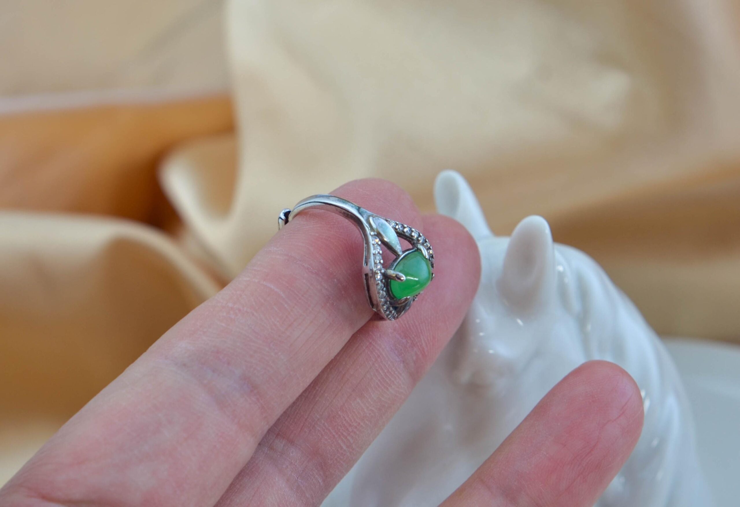 Natural Green Jadeite Marquise Ring, 925 Sterling Silver, Zircon Accents, Vintage Style Jewelry - Image 4