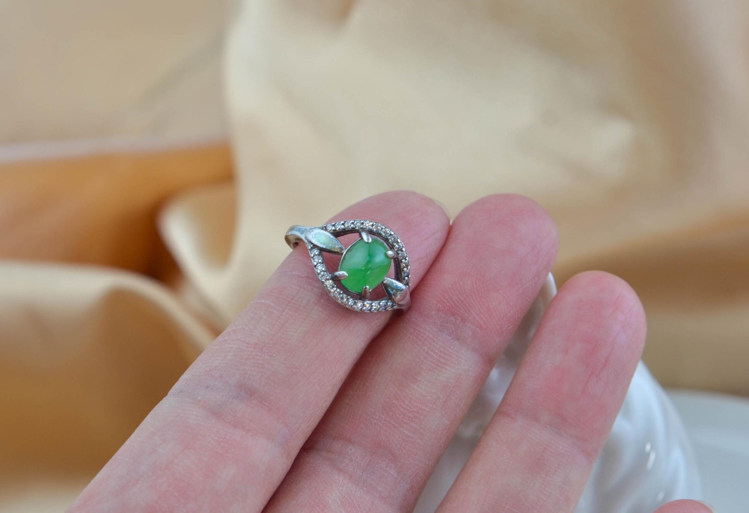 Natural Green Jadeite Marquise Ring, 925 Sterling Silver, Zircon Accents, Vintage Style Jewelry - Image 2