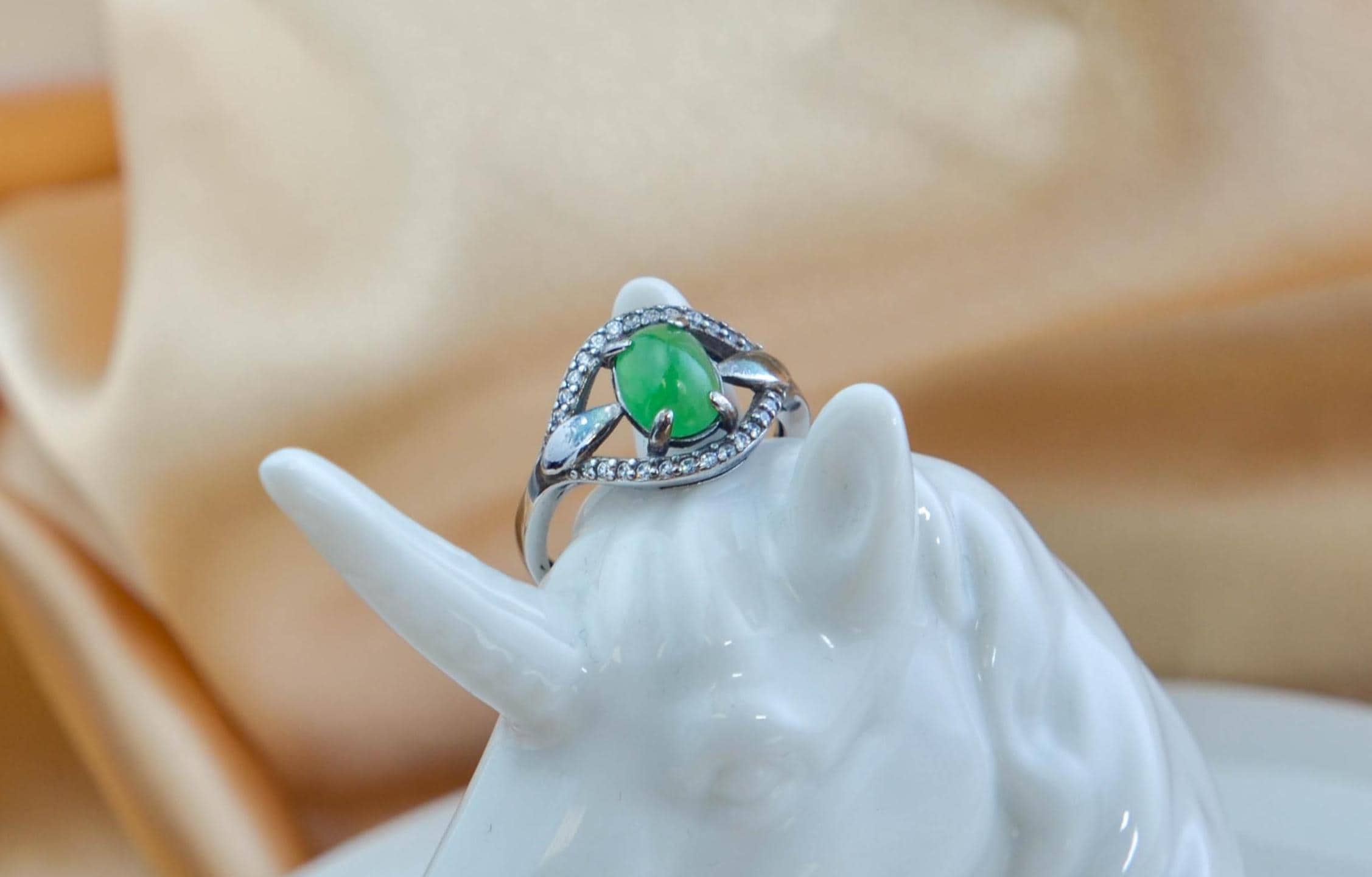 Natural Green Jadeite Marquise Ring, 925 Sterling Silver, Zircon Accents, Vintage Style Jewelry
