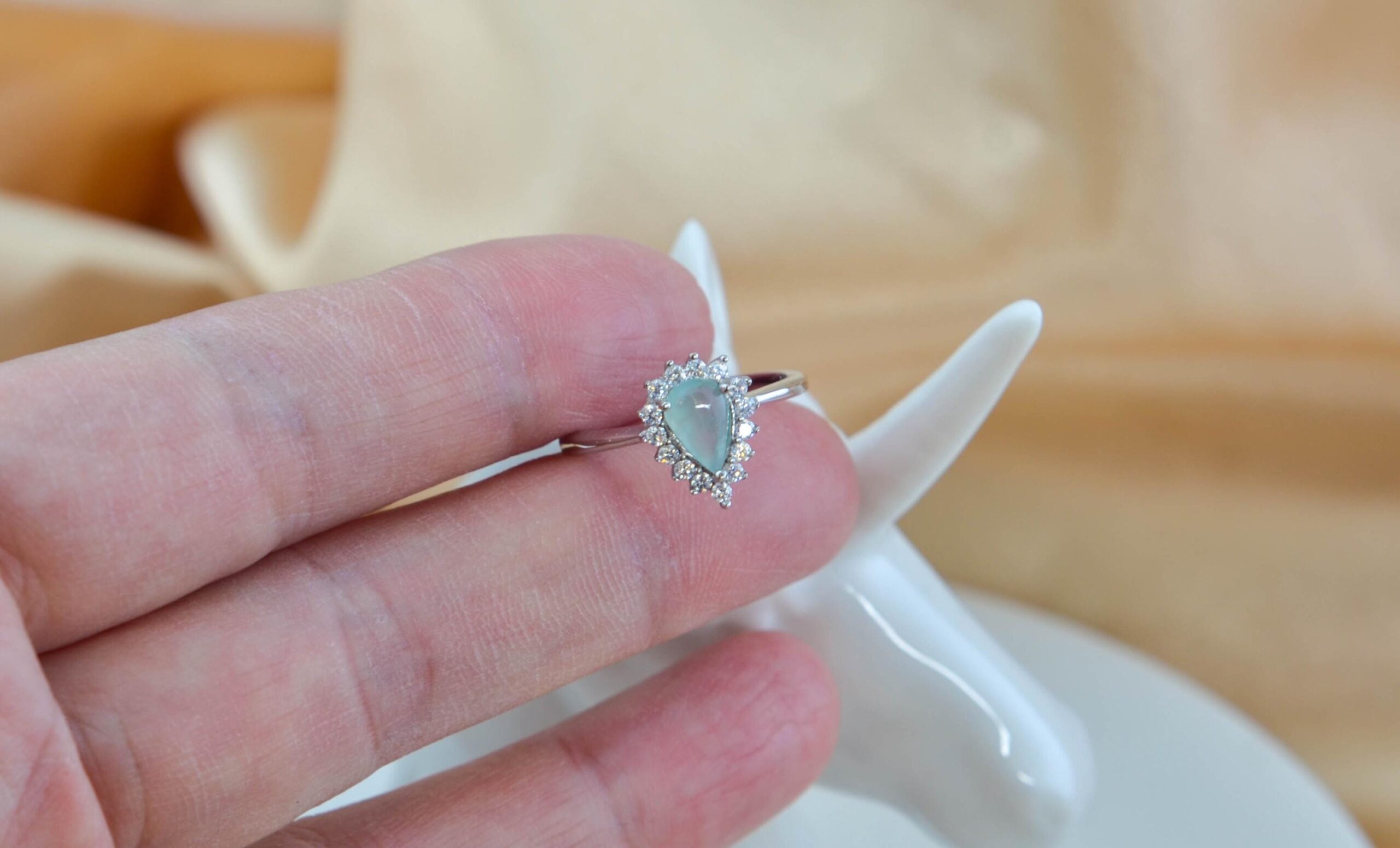Icy Green Jade Pear Shape Ring Sterling Silver Halo Adjustable Band - Image 4