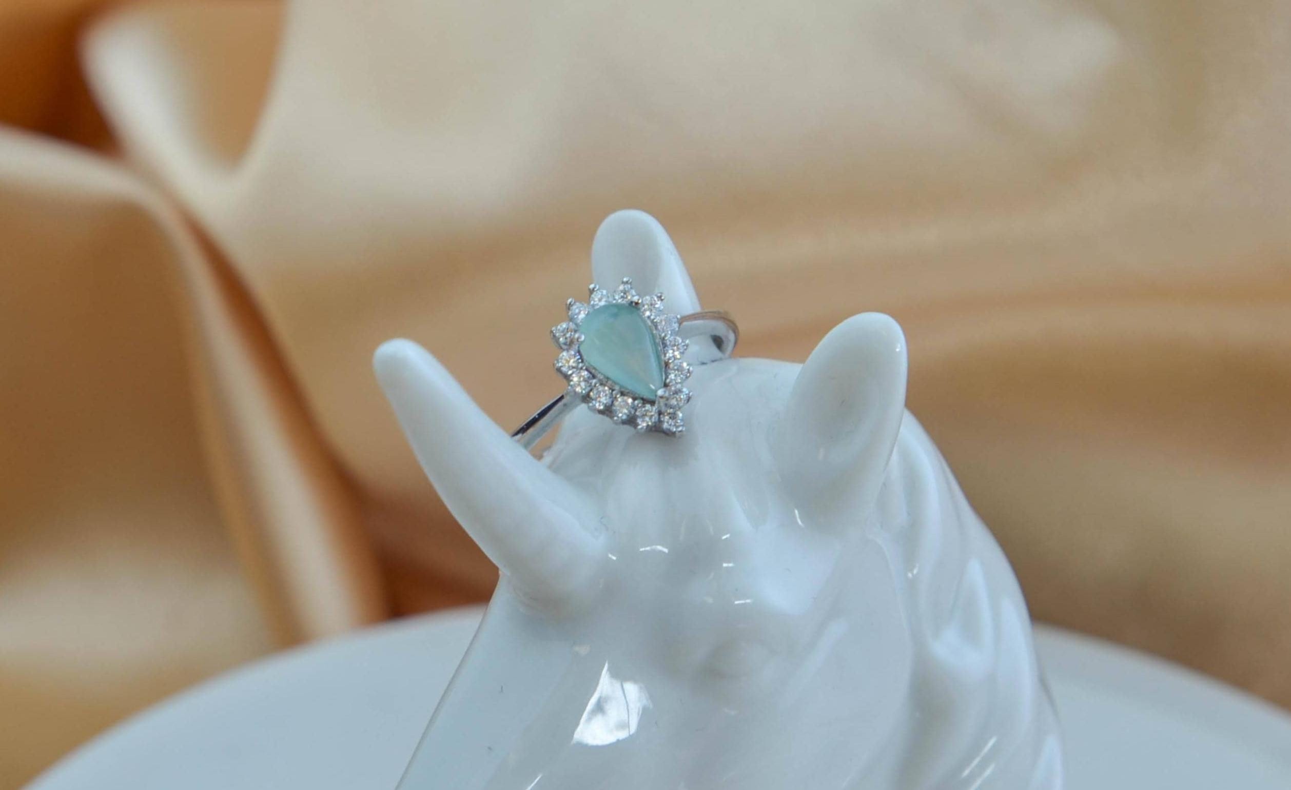 Icy Green Jade Pear Shape Ring Sterling Silver Halo Adjustable Band