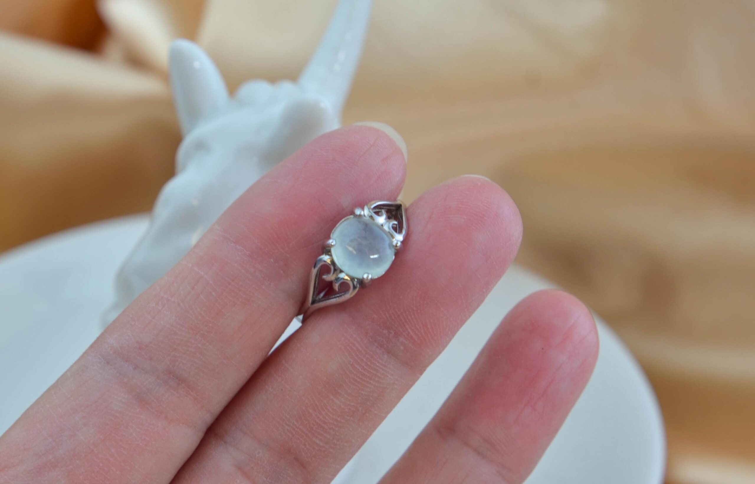 White Jade Ring Sterling Silver 925 Adjustable Open Band Icy Translucent Oval Gemstone - Image 2