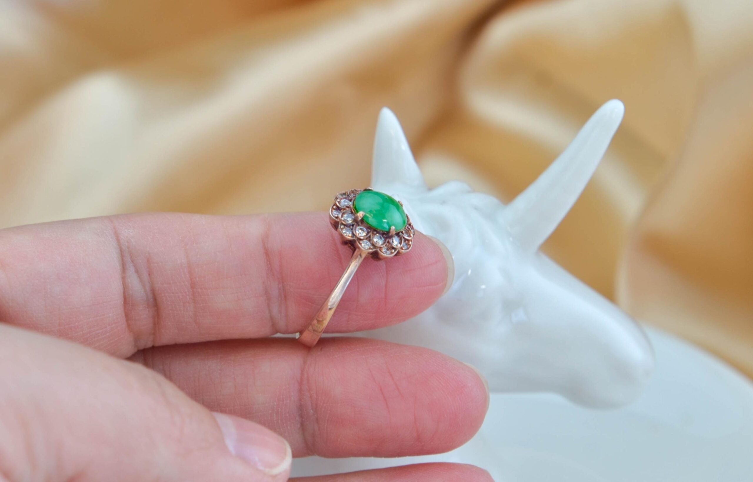 Natural Green Jade Ring Rose Gold Plated Sterling Silver Halo Style Vintage Inspired Jewelry - Image 8