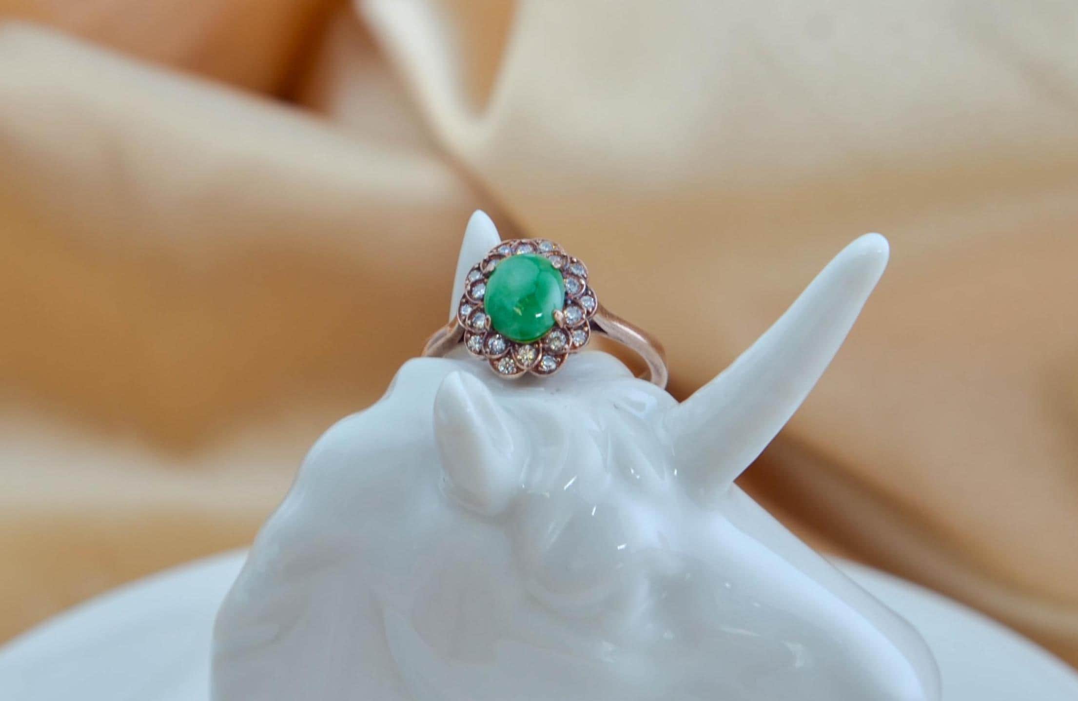 Natural Green Jade Ring Rose Gold Plated Sterling Silver Halo Style Vintage Inspired Jewelry - Image 2