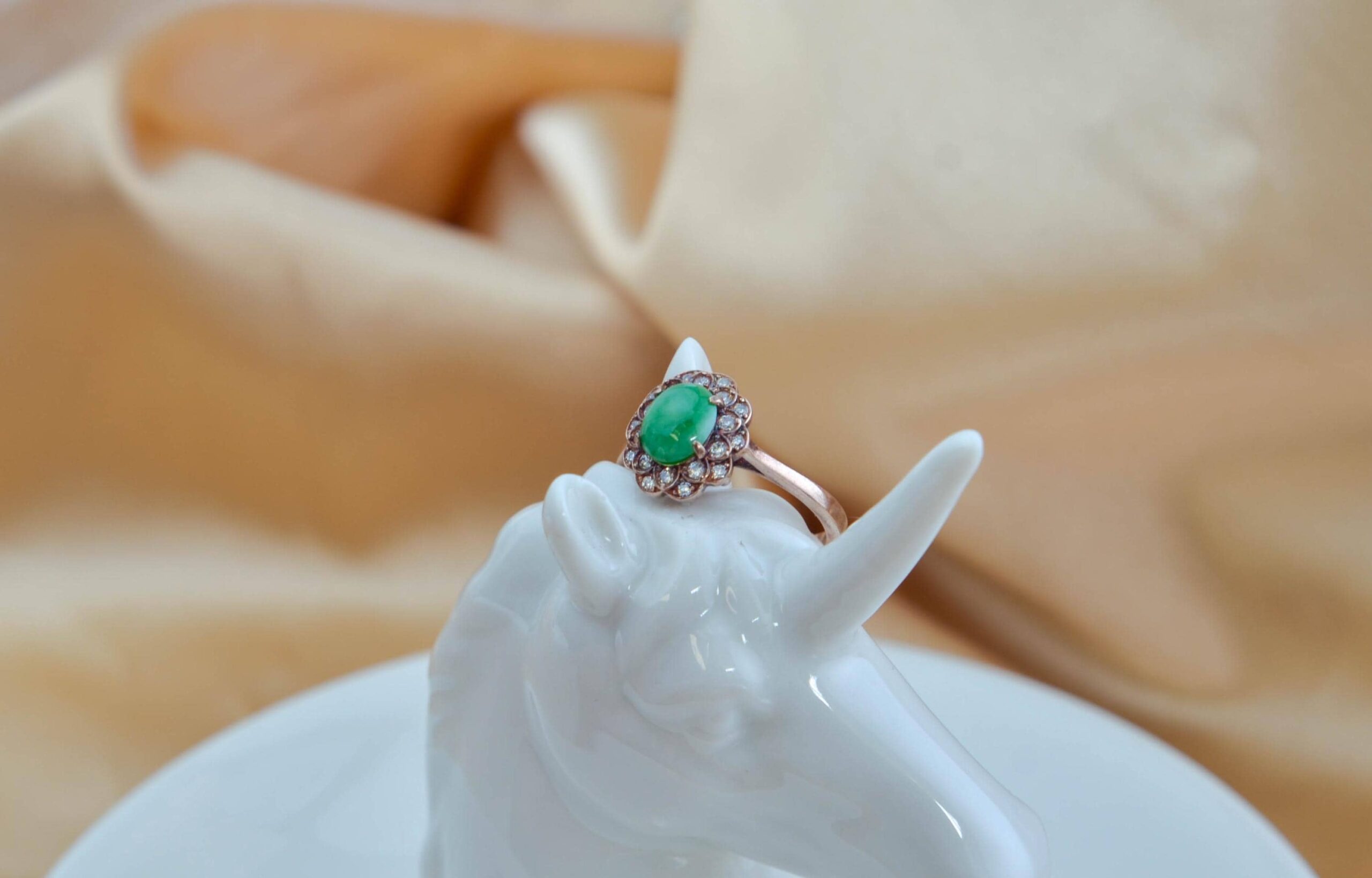 Natural Green Jade Ring Rose Gold Plated Sterling Silver Halo Style Vintage Inspired Jewelry - Image 3