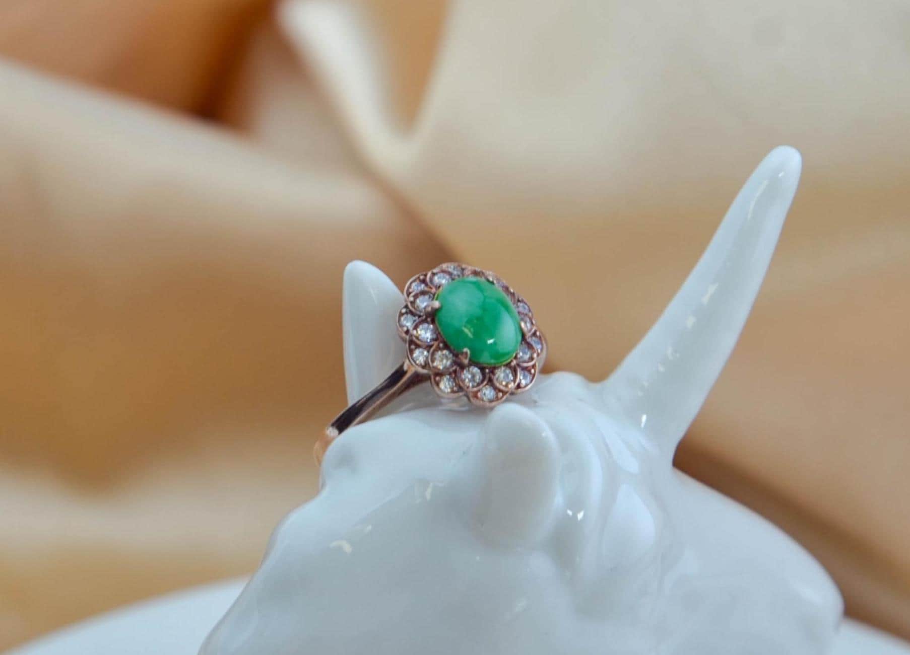 Natural Green Jade Ring Rose Gold Plated Sterling Silver Halo Style Vintage Inspired Jewelry