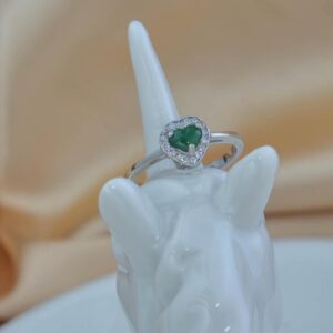 Natural Jadeite Heart Ring, Sterling Silver Adjustable Band, Zircon Halo Minimalist Jewelry