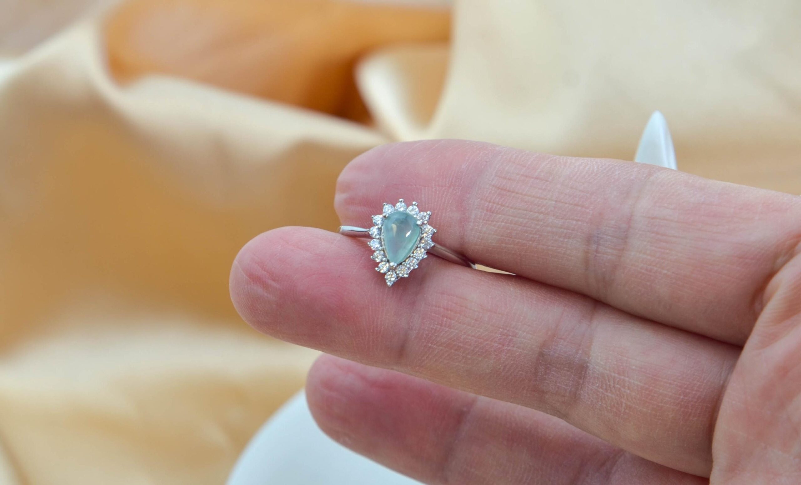 Icy Green Jade Pear Shape Ring Sterling Silver Halo Adjustable Band - Image 8