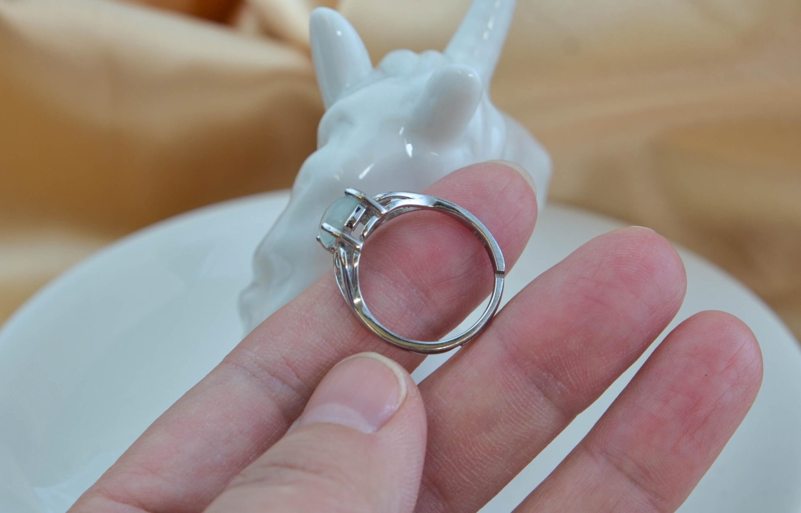 White Jade Ring Sterling Silver 925 Adjustable Open Band Icy Translucent Oval Gemstone - Image 6