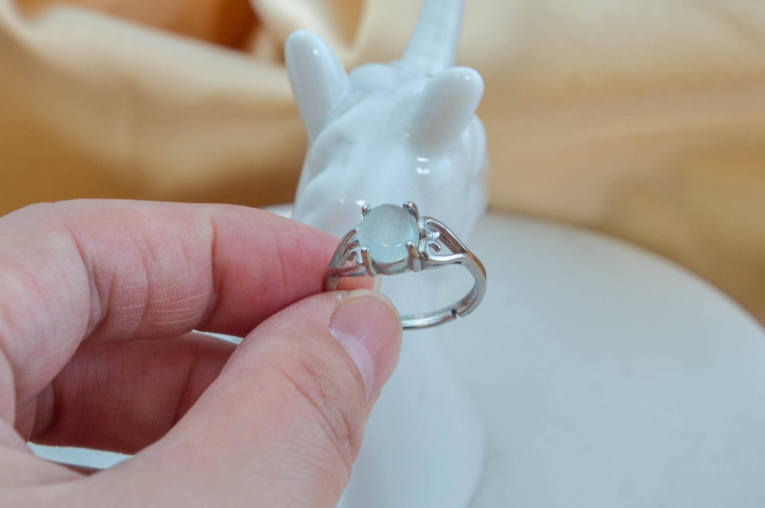 White Jade Ring Sterling Silver 925 Adjustable Open Band Icy Translucent Oval Gemstone - Image 7