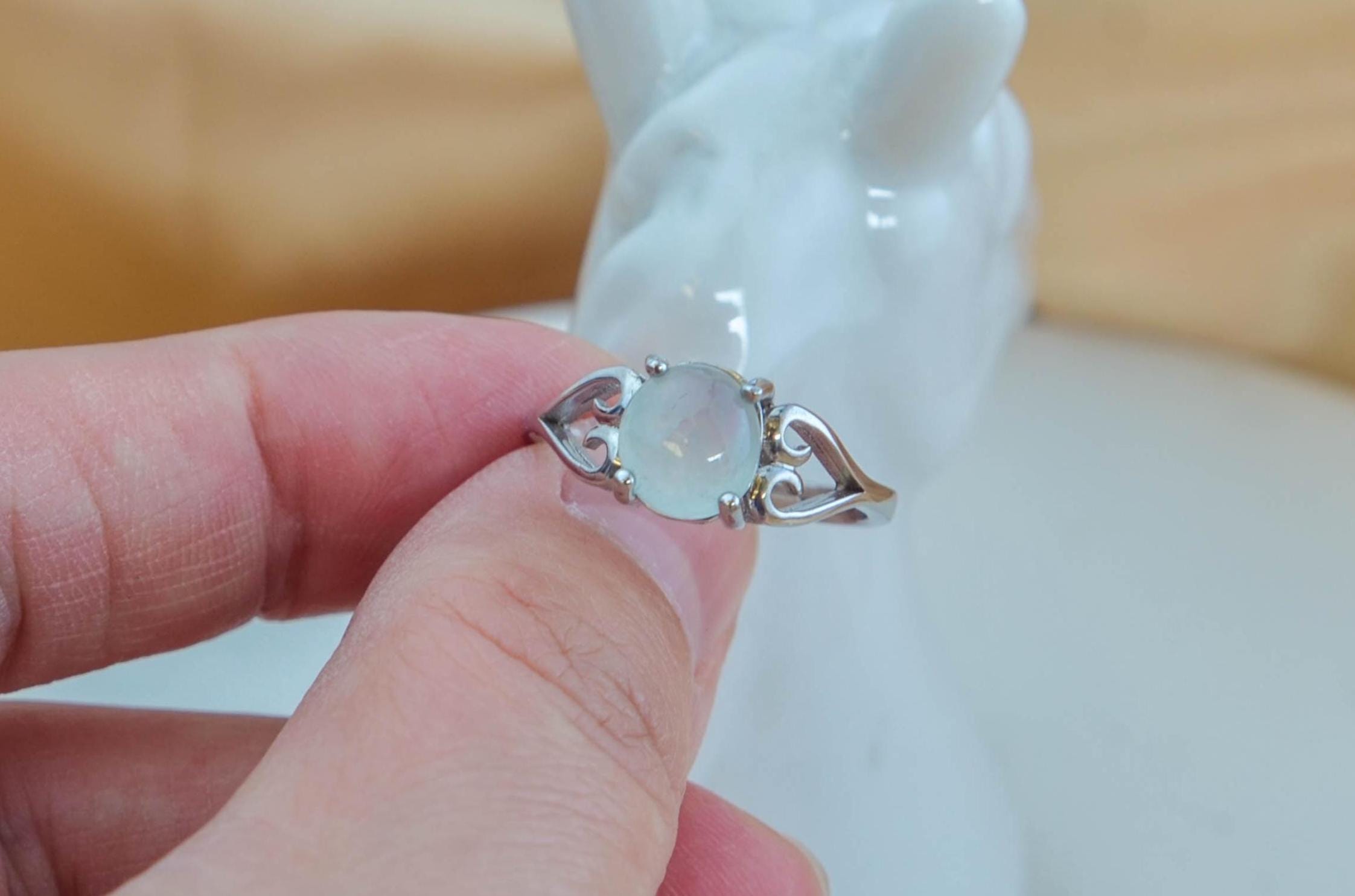 White Jade Ring Sterling Silver 925 Adjustable Open Band Icy Translucent Oval Gemstone
